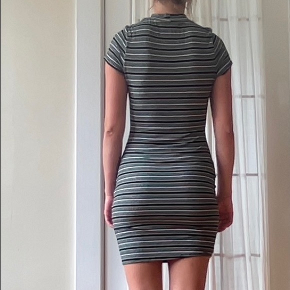 Green striped tight, mid thigh turtle neck dress - Picture 3 of 3